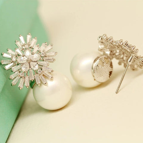 Silver Flower With Pearl Earrings